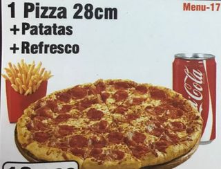 1 Pizza (28 Cm.) Con Patatas Y Coca-Cola Sabor Original lata 330ml.