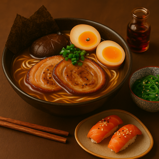 Tokyo ramen +NIgiri salmon flameado+Wakame