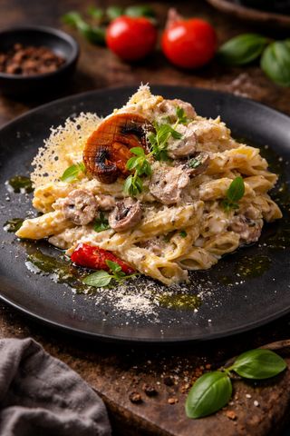 PENNE CON POLLO,FUNGHI E TARTUFO
