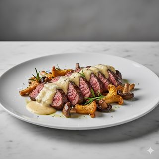Tagliata di manzo, fonduta al parmigiano e funghi di bosco
