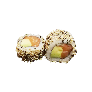 Uramaki Salmón Picado, Aguacate, Salsa Spicy, Crujiente Sésamo