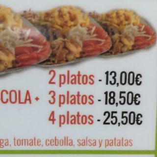 3  Platos Ternera o Pollo dentro ensalada.Patatas, salsa.  Y cola 1 L.