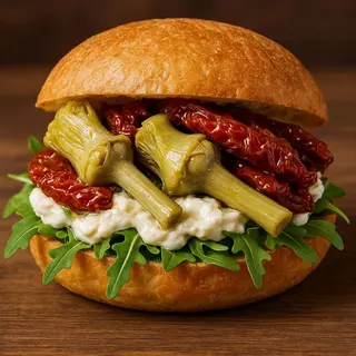 Carciofi, gambo sott’olio, stracciatella, rucola, pomodori secchi