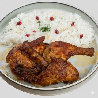 შემწვარი ქათამი (ნახევარი) ბრინჯის გარნირით