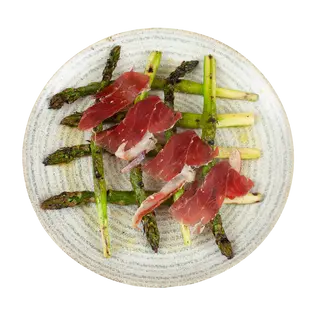 Espárragos a la brasa con jamón ibérico 