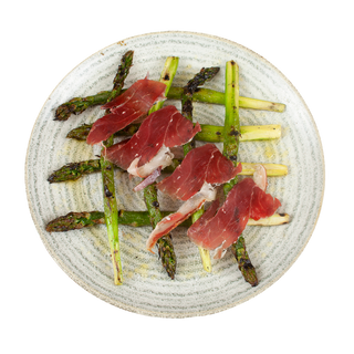Espárragos a la brasa con jamón ibérico 