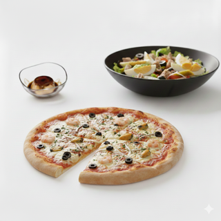 Pizza Fruits de Mer + Salade Niçoise + Crème Caramel