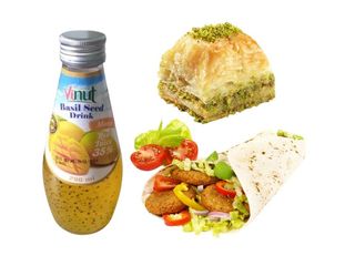 Falafel tortilla, Napój mango z nasionami bazylii, Baklava