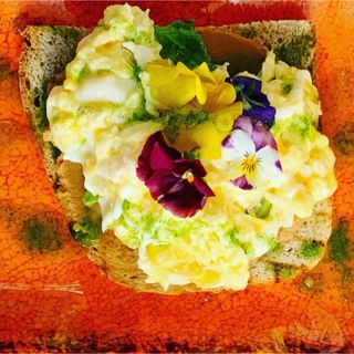 Tostada de huevo revuelto con tomate y aguacates