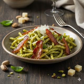Busiate con pesto di pistacchi e speck dei Nebrodi abbrustolito