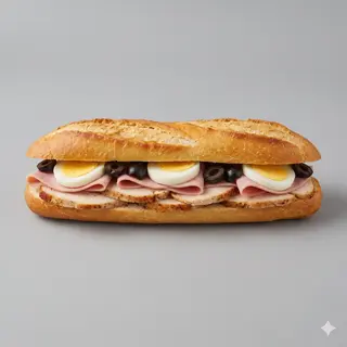 Bocata de Pechuga de Pollo, Jamón York, Huevo Duro y Aceitunas