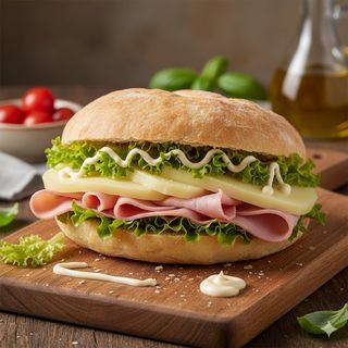 Puccia con prosciutto cotto, formaggio, maionese e insalata