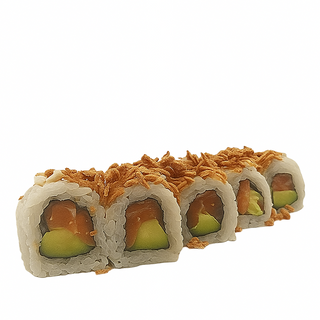 Salmón, aguacate, por encima salsa teriyaki,  con cebolla crujiente (8uds)