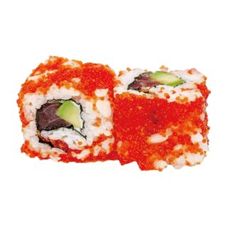 33. Uramaki Tobiko roja, atún, aguacate