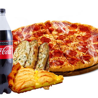 Mega Box 2 Pizzas Médias + 4 Pão Alho Mozzarella + 2 Bebida 1lt + 4 Sobremesas (4-6 Pessoas)