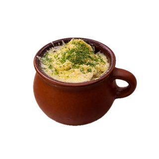 საქონლის პელმენი ყველით და სოკოთი (ქოთანში)