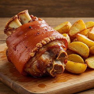 Ciolan de porc, cu cartofi zdrobiţi, sos de usturoi