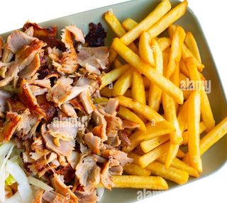 Vaschetta con carne e patatine fritte