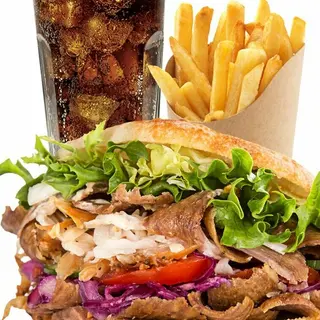 Manu kebab solo carne  con patata y bebida