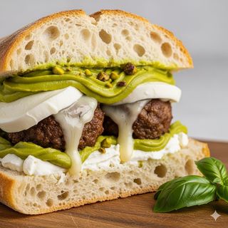 Hamburger di Angus, bufala, crema di pistacchio e Philadelphia