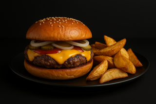 Clasic CheeseBurger cu cartofi wedges 600g  + bautura la alegere