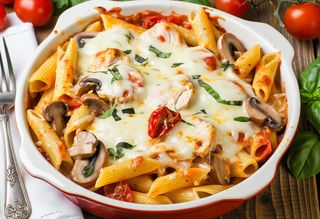 Makaron z kurczakiem z pieczarkami i pomidorami mały