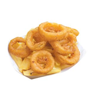 Хрупкави лучени рингове с ароматни картофки/Чеснов Сос/