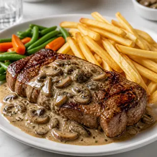Entrecôte de bœuf aux champignons, légumes ou frites