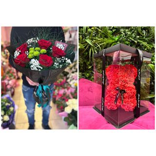 Букет от 5бр.  червени рози и мече от рози