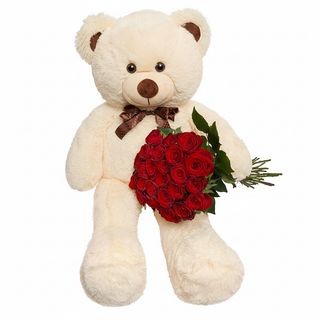 Гігантський бежевий ведмедик і 25 червоних троянд