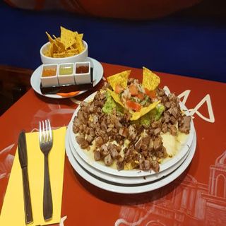 Nachos con guacamole y carnitas
