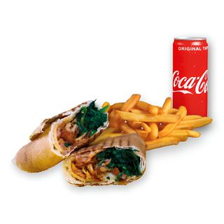 Rollo Kebab Szpinak (średnie), frytki, Coca Cola 0.33l