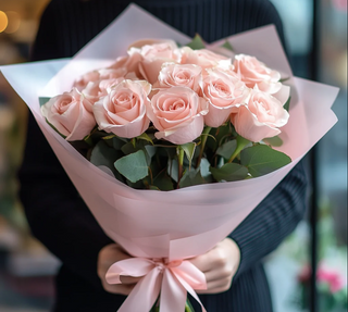 Buchet 11 trandafiri pink si eucalipt