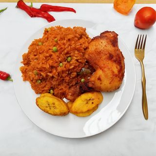 Jollof rice , fried chicken or fish, plantain , water