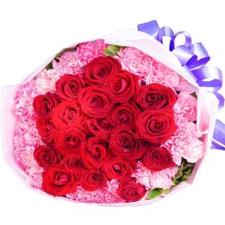 Buchet cu flori 51 trandafiri rosii si Garoafe roz