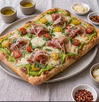 Focaccia crema di zucchine, speck e mozzarella  in teglia