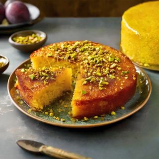 Basbousa with chocolate, white chocolate, lotus, Pistachio