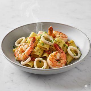 Paccheri con crema di carciofi, gamberoni saltati in padella
