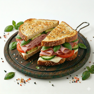 Sandwich toast cu șuncă, mozzarella, roșii și castraveți