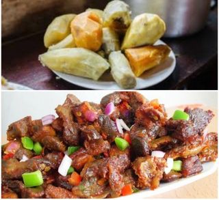 1/2 kg pan fried goat's meat with boiled sweet potatoes 
