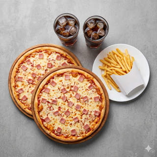 2 Pizzas Grandes +Patatas + 2 refrescos