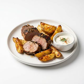 Mușchiuleț de porc haiducesc cu cartofi și sos de usturoi