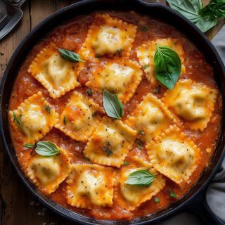 Tortelloni De Queso Y cebolla Caramelizada Ala Salsa De Pesto  Y Napolitana