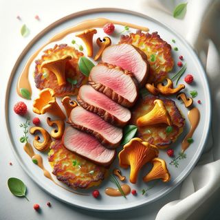 Polędwiczki na plackach ziemniaczanych obłożone kurkami z warzywami