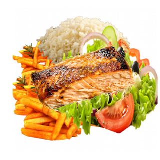 Salmão Grelhado com batatas, arros e salada