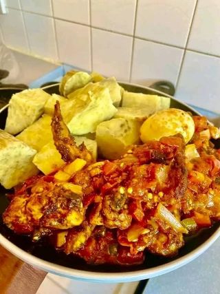 Boiled Potatoes with Stew and a Boiled Egg