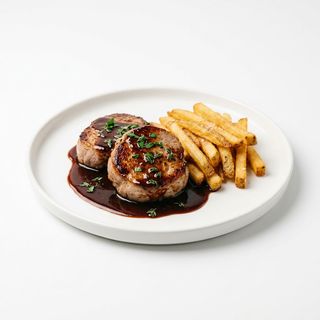 Свински медальон с винен сос и пържени картофи 400г
