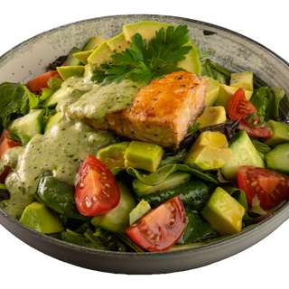 САЛАТА С ПЕЧЕНА СЬОМГА И АВОКАДО