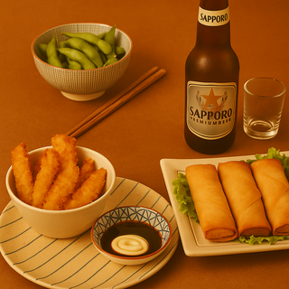 Pollo frito+Rollitode primavera+Edamame