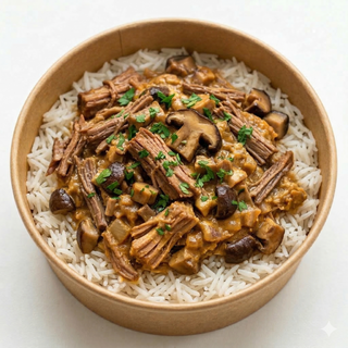 MENIU Porc gatit lent cu sos de ciuperci, garnitura si bautura racoritoare